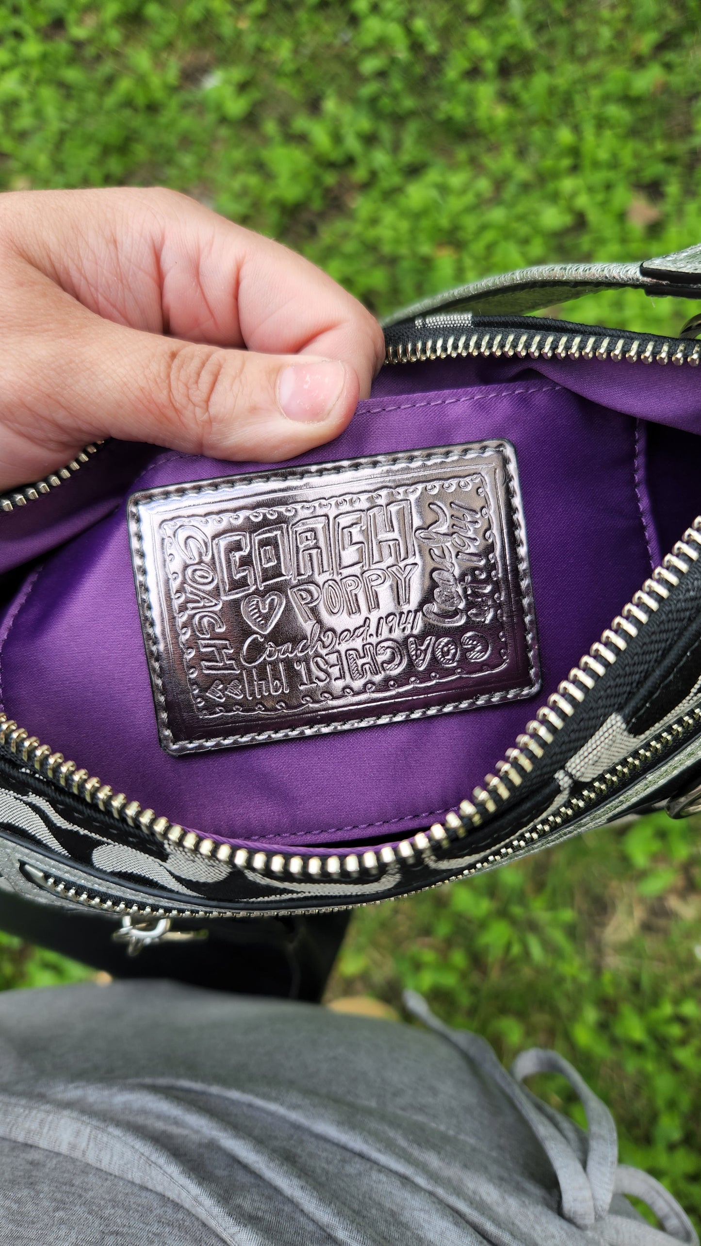 Coach Black and Silver Monogram Mini Purse