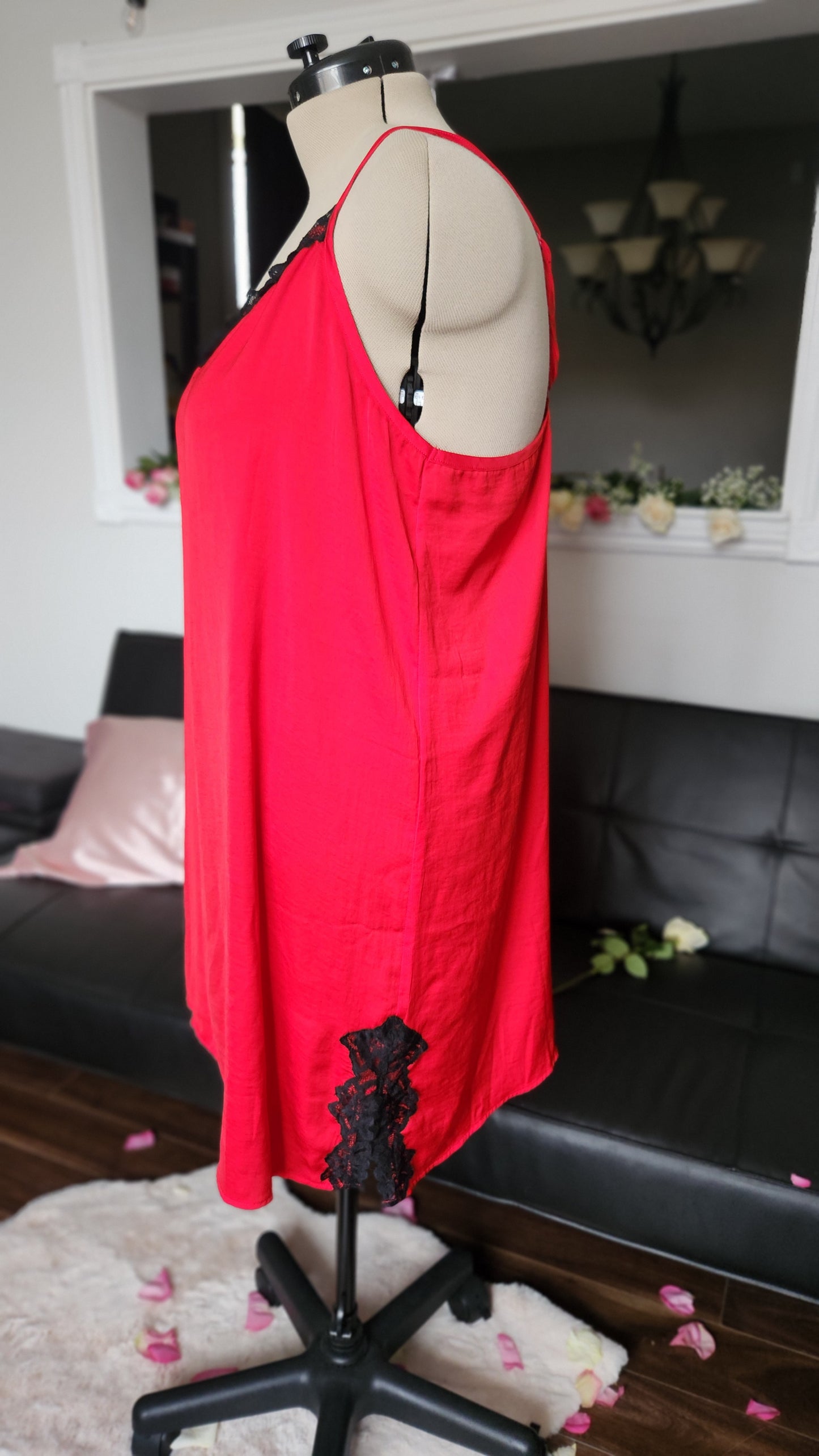 Fits like a Size 2x Red Satin w/black Lace Satin Slip Dress