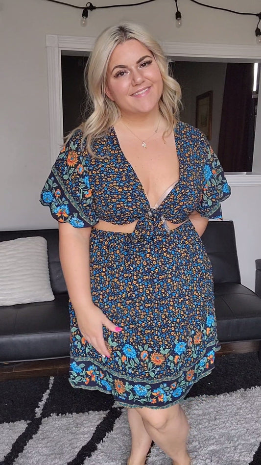 Size 1x Blue and Orange Floral Cut Out Dress