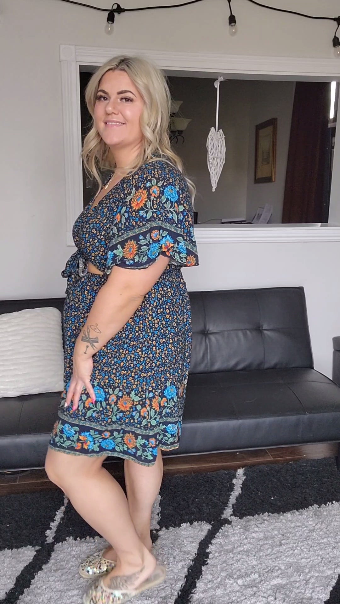 Size 1x Blue and Orange Floral Cut Out Dress