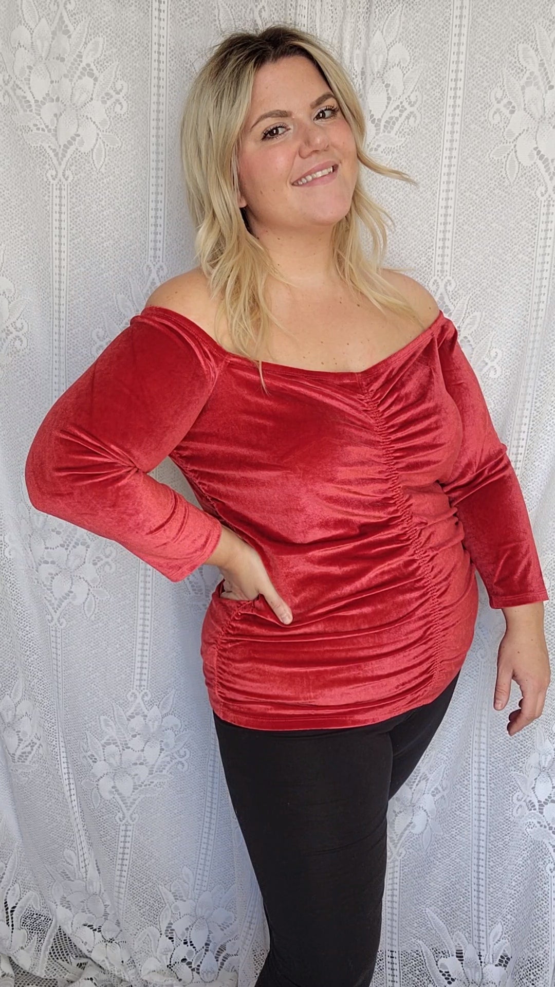 Fits like a 1x Torrid Scrunch red velvet Off the Shoulder Top