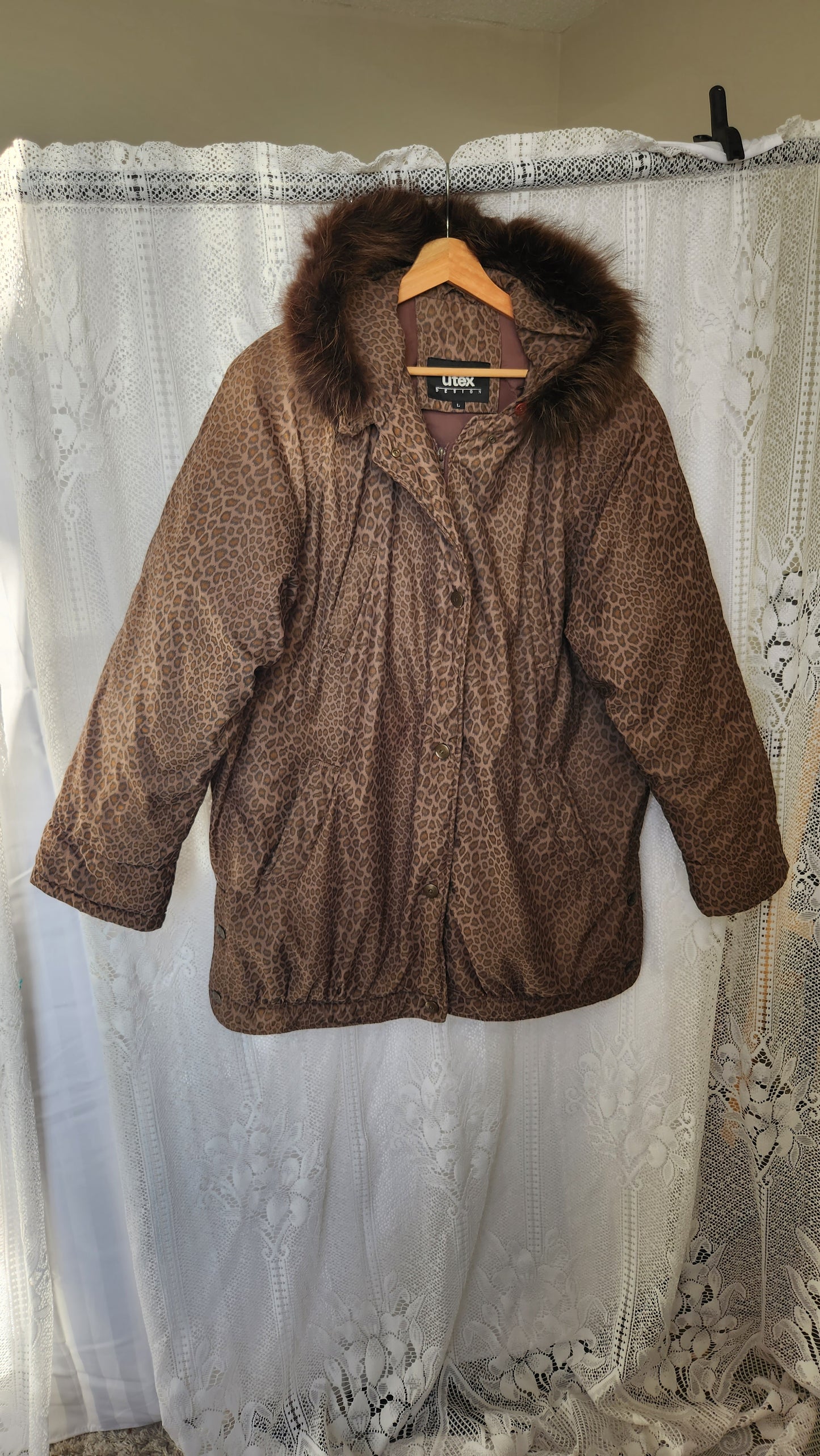 Fits like a Size 1x Leopard Print Parka with Fur Hood