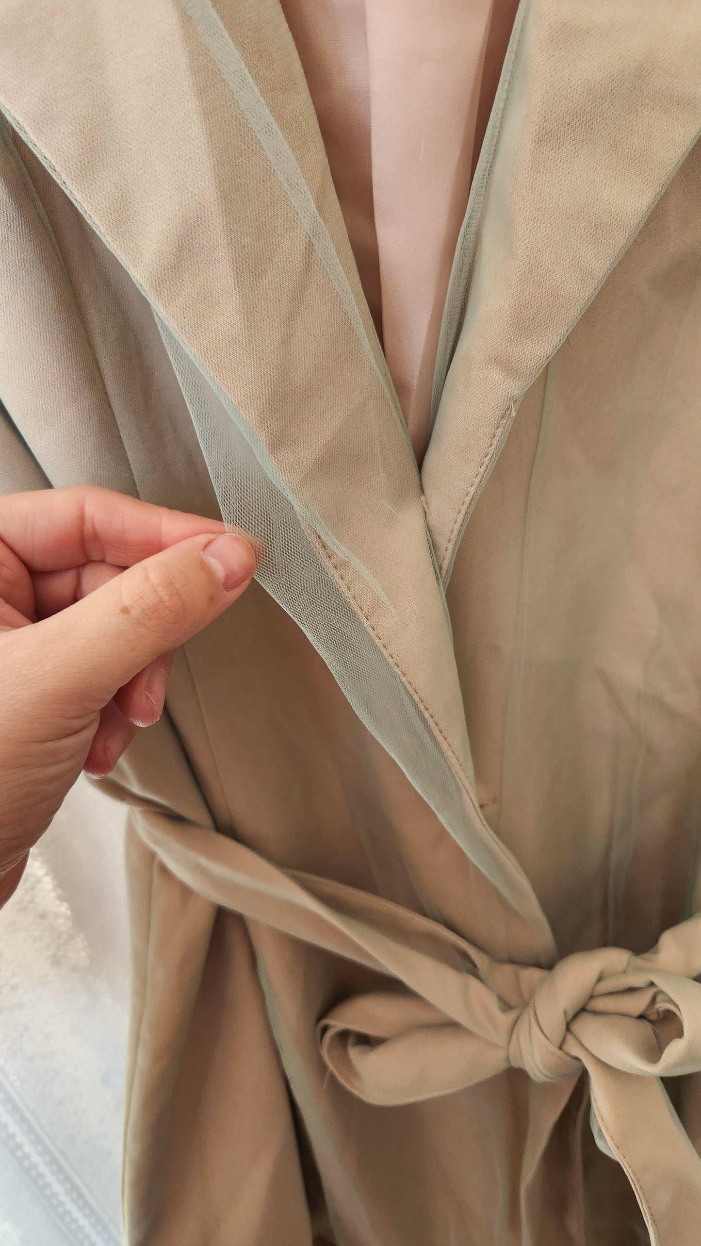 Size 22 Beige Trench Coat with Green Mesh Overlay