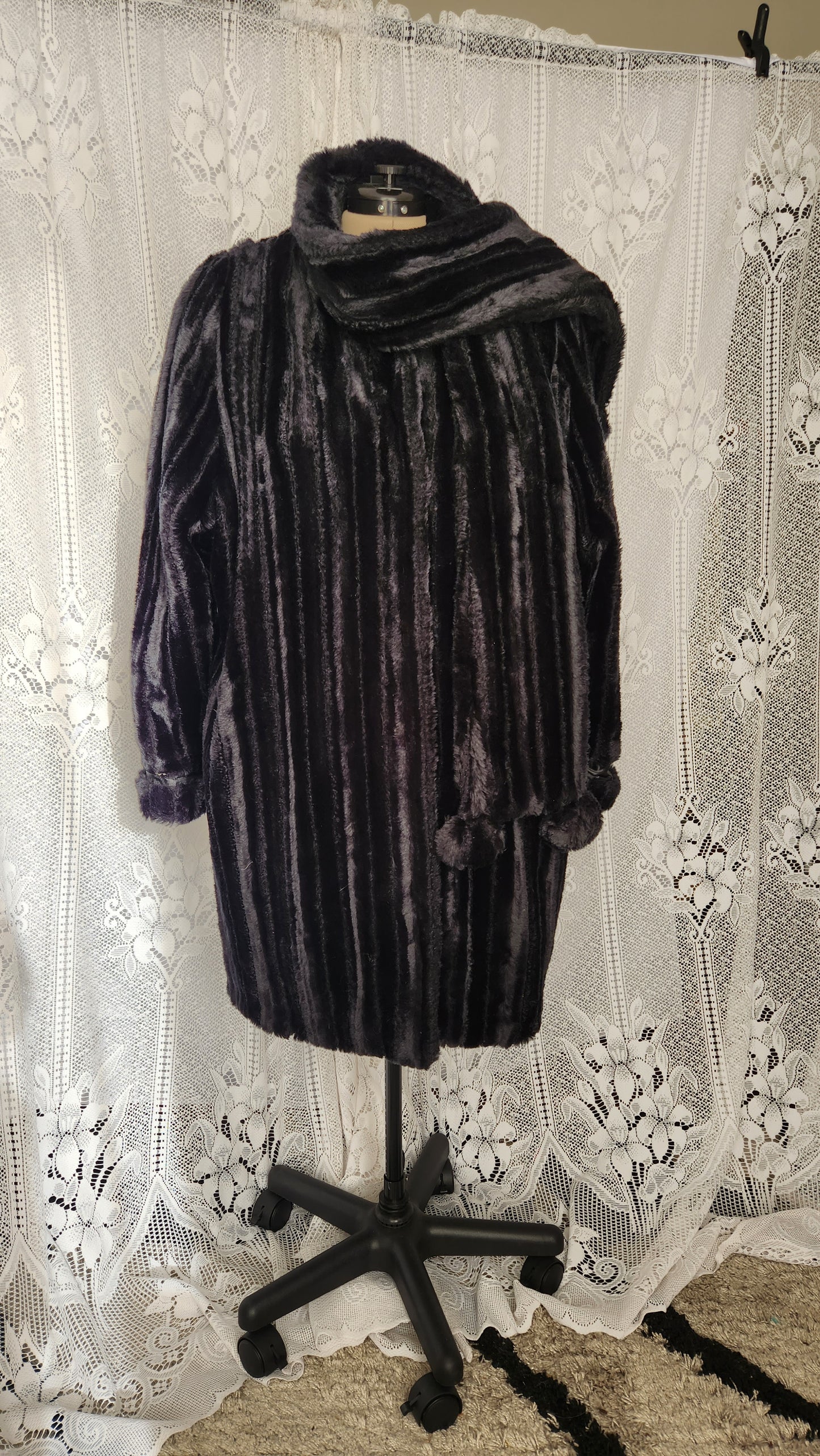 Size 20 Black Faux Fur Coat with "Scarf" attached