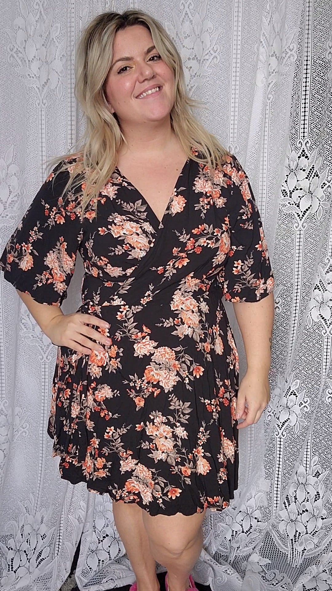 Fits like a 1x/2x Floral Wrap Dress
