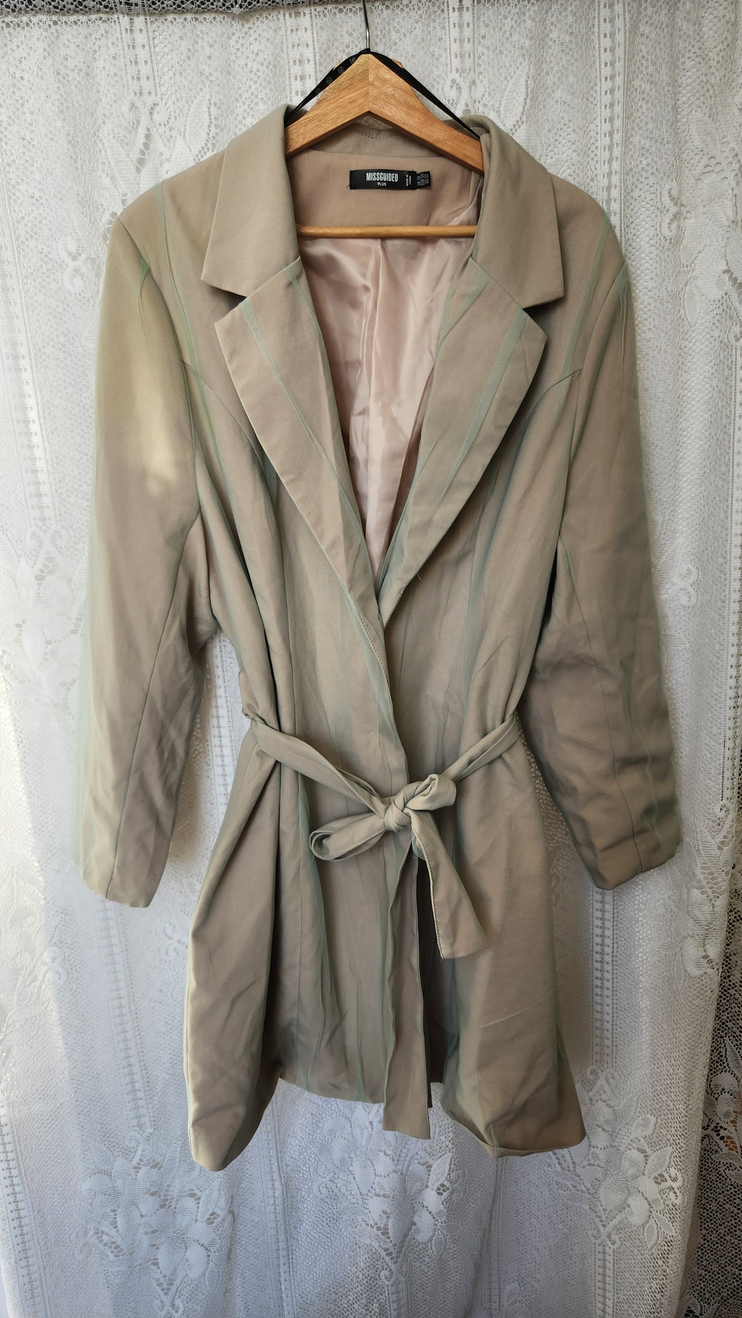 Size 22 Beige Trench Coat with Green Mesh Overlay