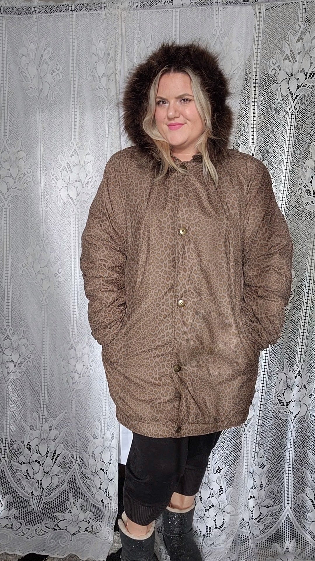 Fits like a Size 1x Leopard Print Parka with Fur Hood