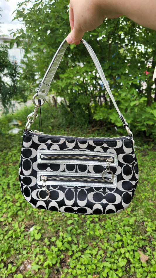 Coach Black and Silver Monogram Mini Purse