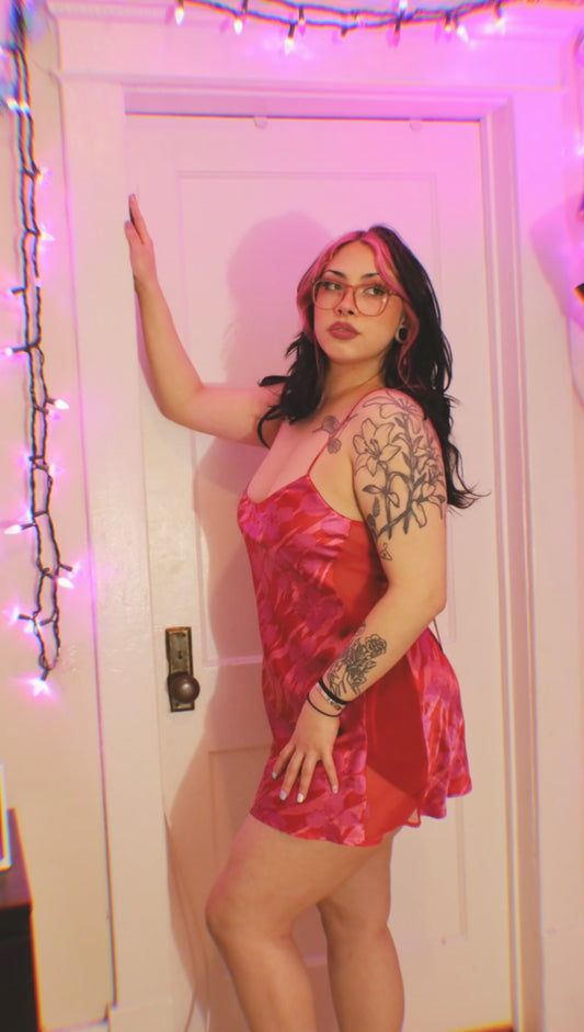 Size Large Vintage Pink and Red Satin Slip Dress
