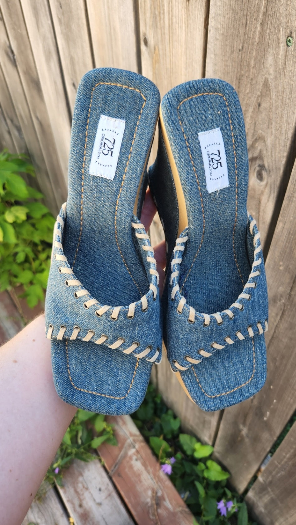 Size 7 Denim Wedge Slip On Open Toe Shoe