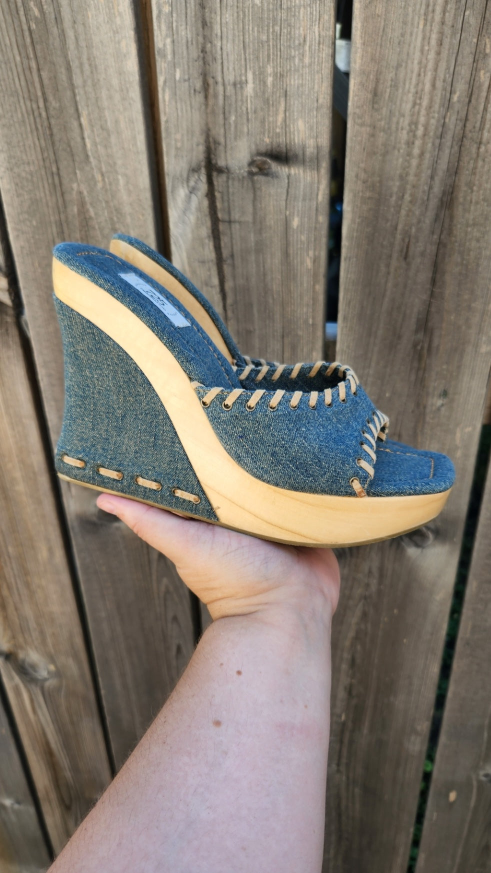 Size 7 Denim Wedge Slip On Open Toe Shoe