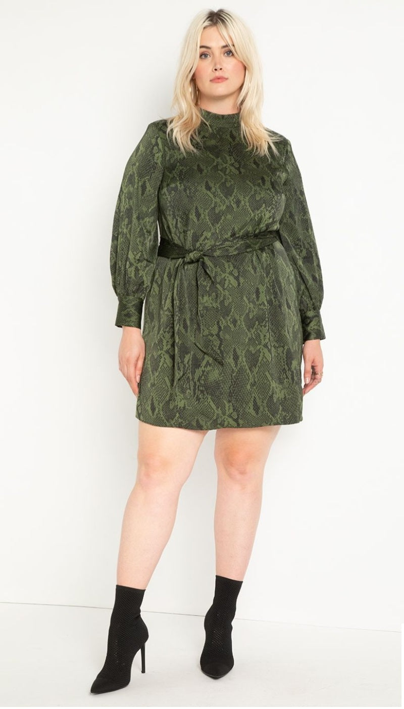 Size 24 Snake Print Satin Long Sleeve Dress with Tie Waist