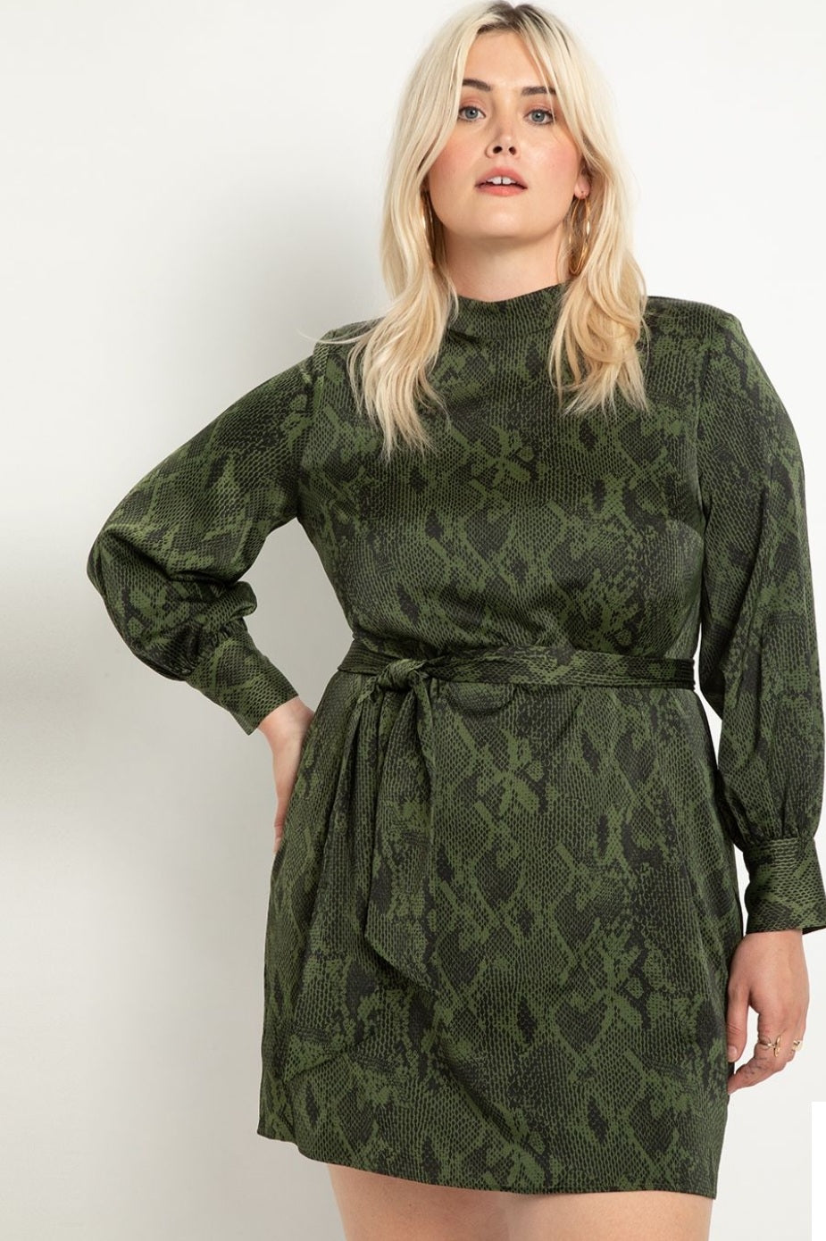 Size 24 Snake Print Satin Long Sleeve Dress with Tie Waist