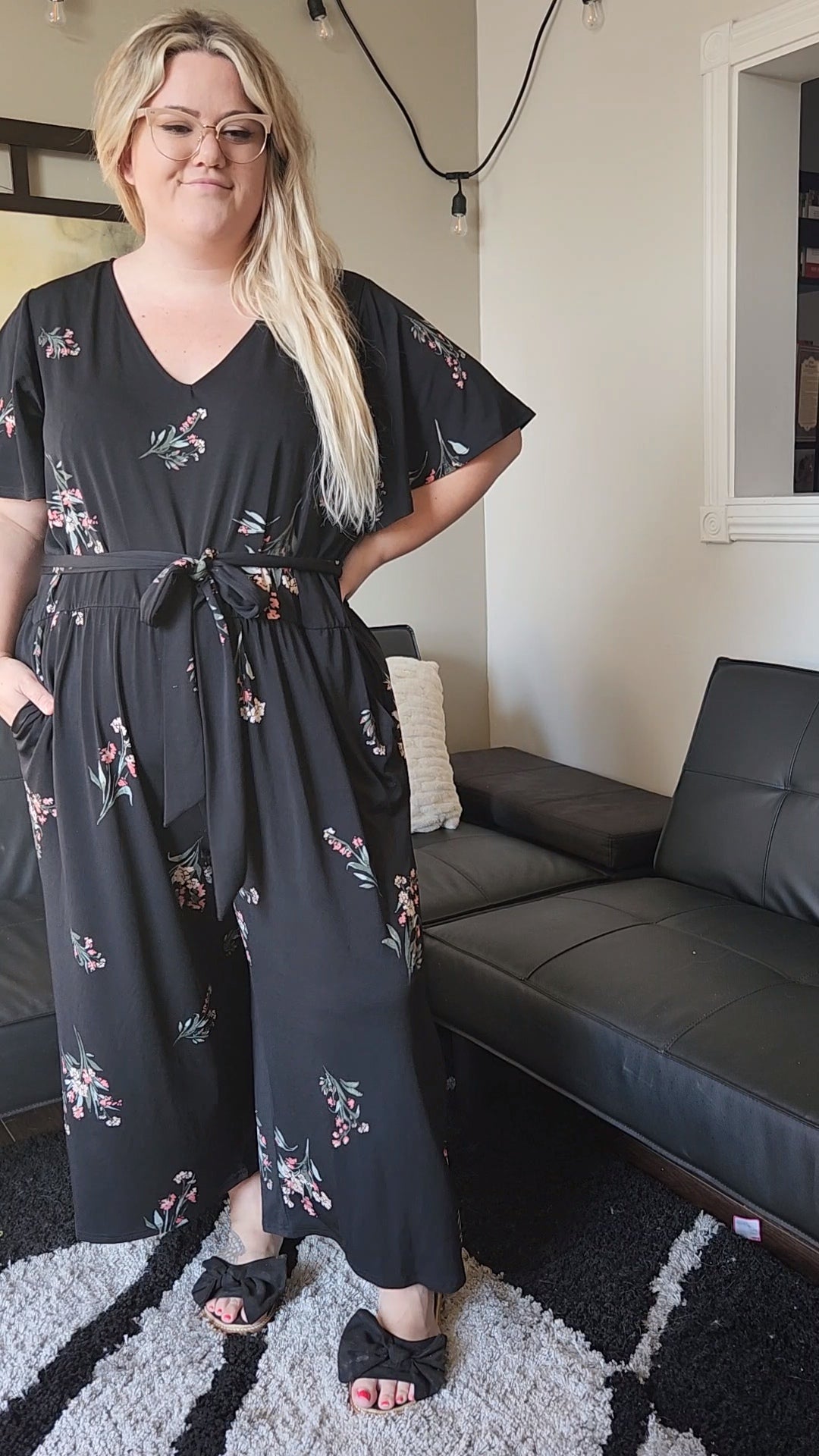 Size 4x Floral Wide Leg Tie Waist Jumpsuit