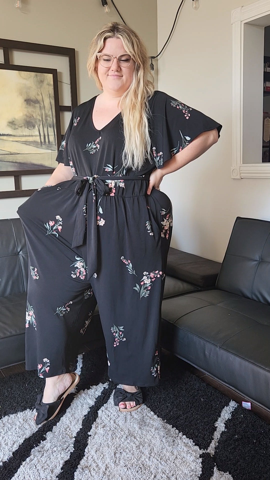 Size 4x Floral Wide Leg Tie Waist Jumpsuit
