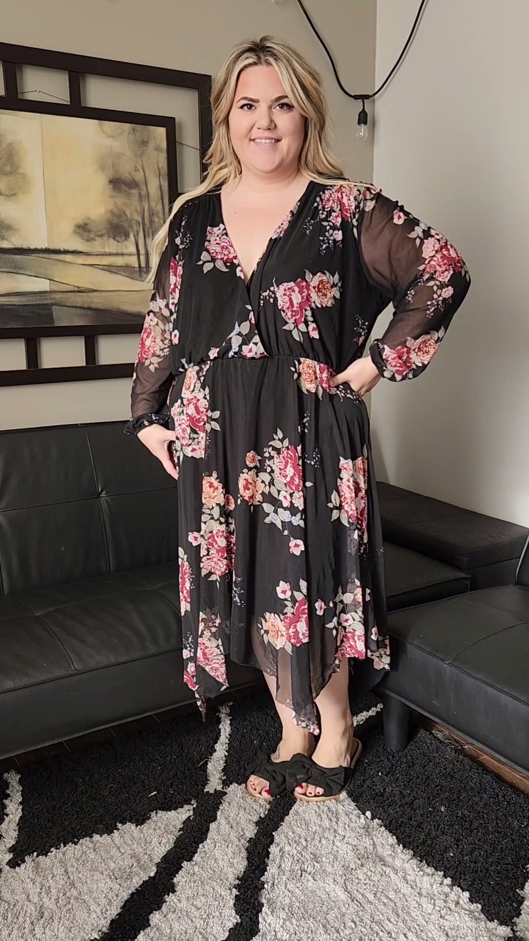 Size 3x Black And Floral Mesh Overlay Dress
