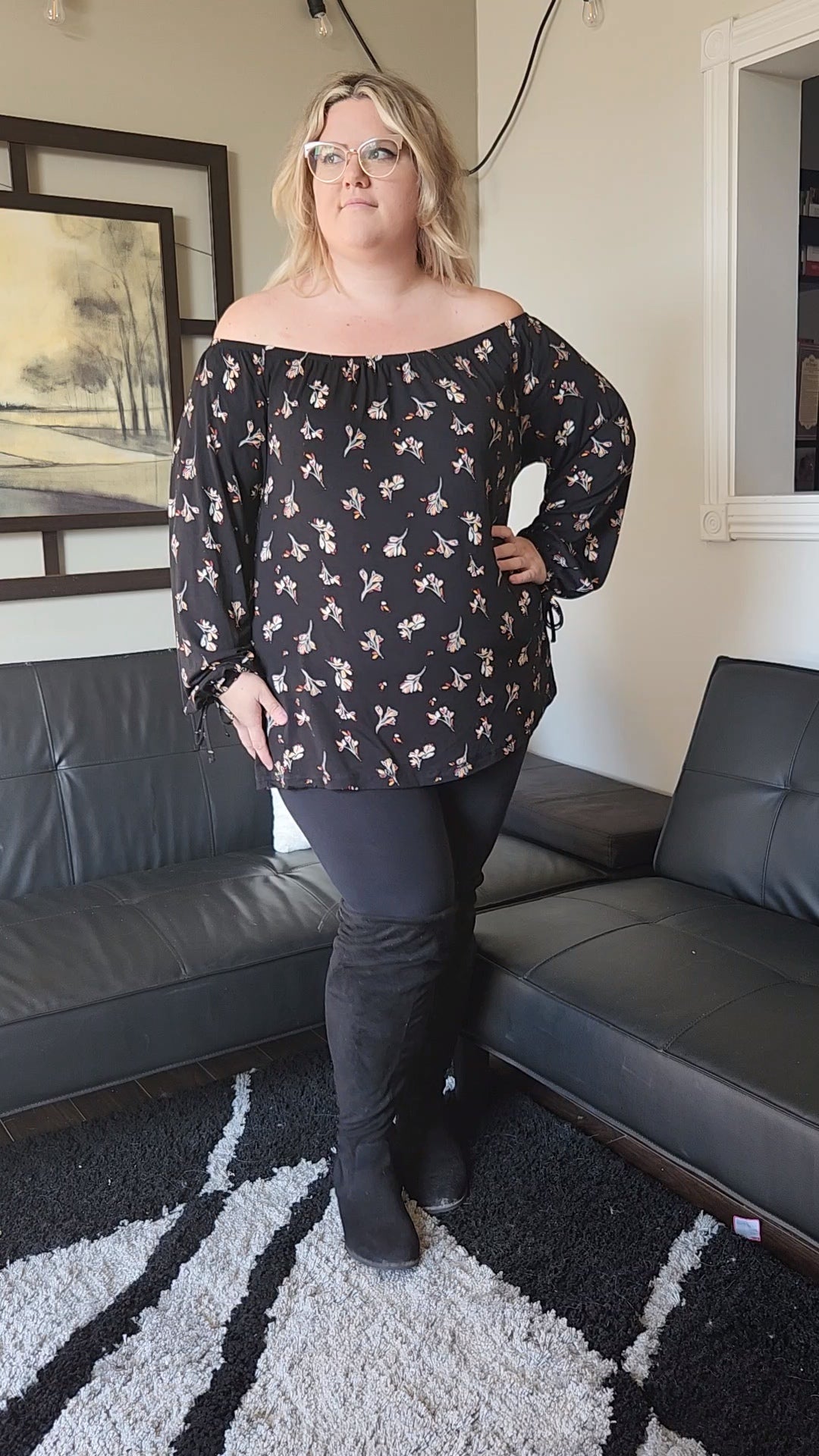 Size 2x Off the Shoulder Black Floral Top