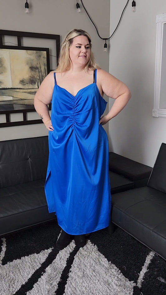 Size 24 Royal Blue Ruched Front Satin Dress