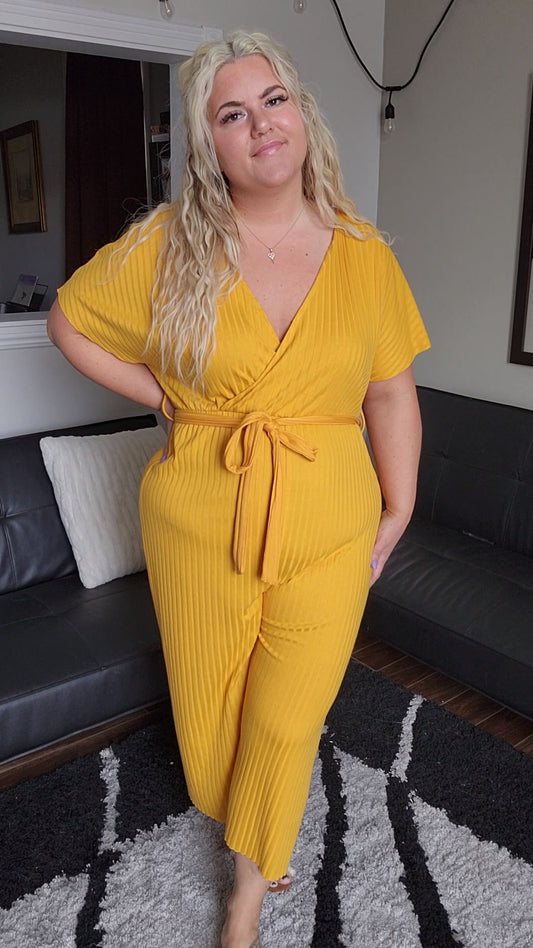 Size XL Wide Leg Mustard Yellow Pinestripe Jumpsuit