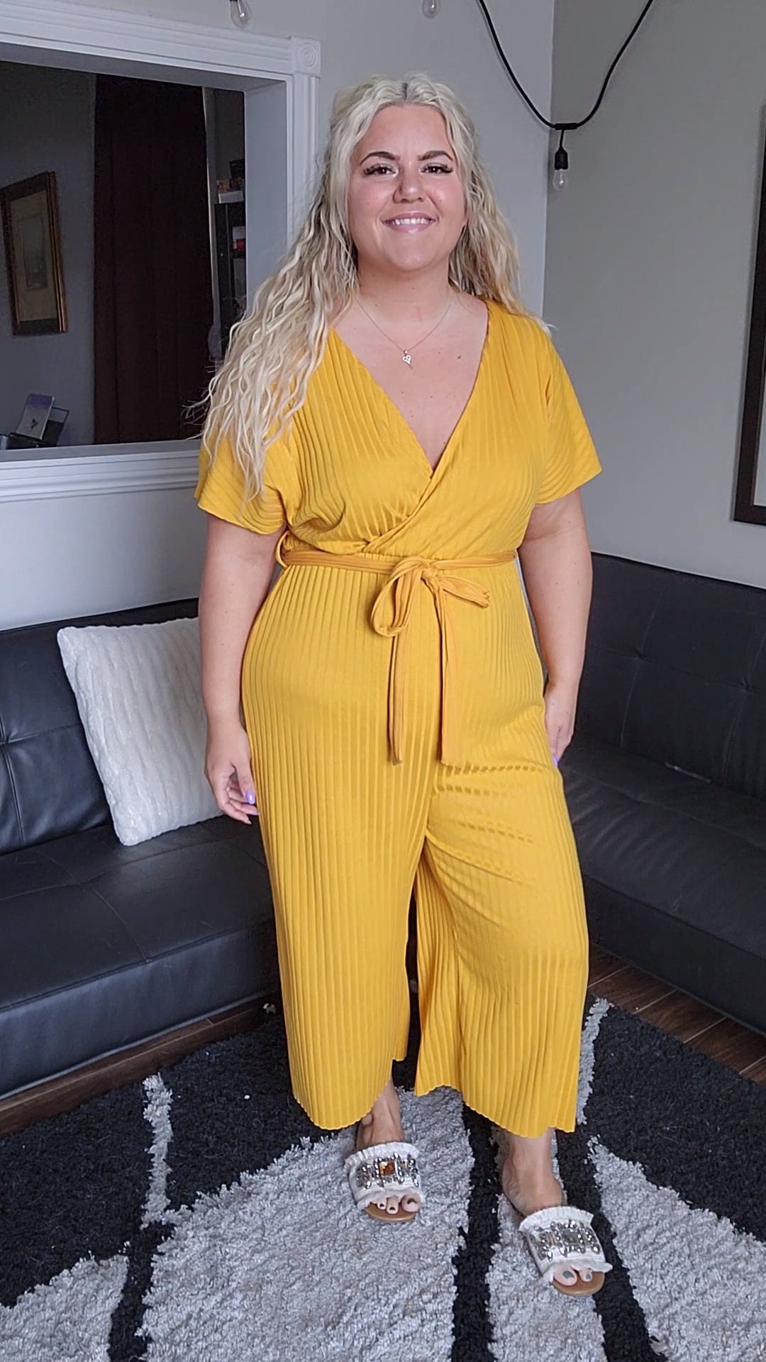 Size XL Wide Leg Mustard Yellow Pinestripe Jumpsuit