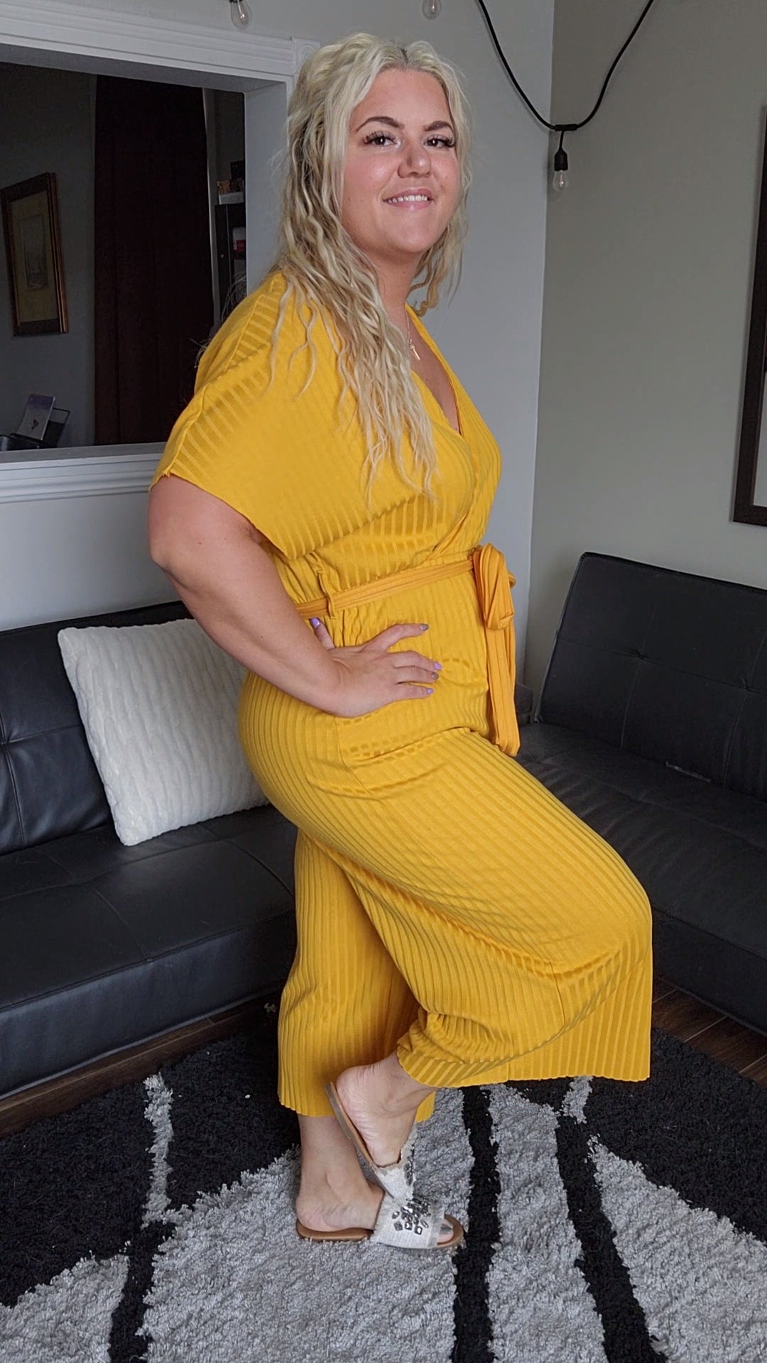 Size XL Wide Leg Mustard Yellow Pinestripe Jumpsuit