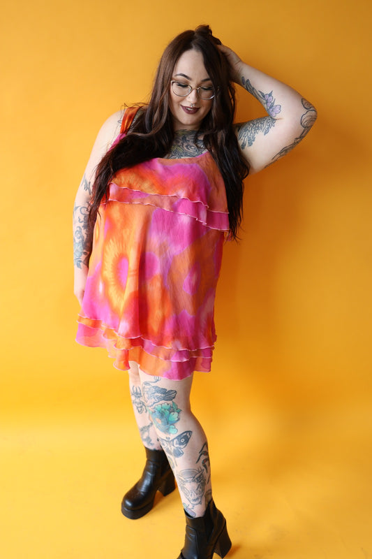 Size 26/28 Y2k Orange & Pink Tie-dye Mini Dress