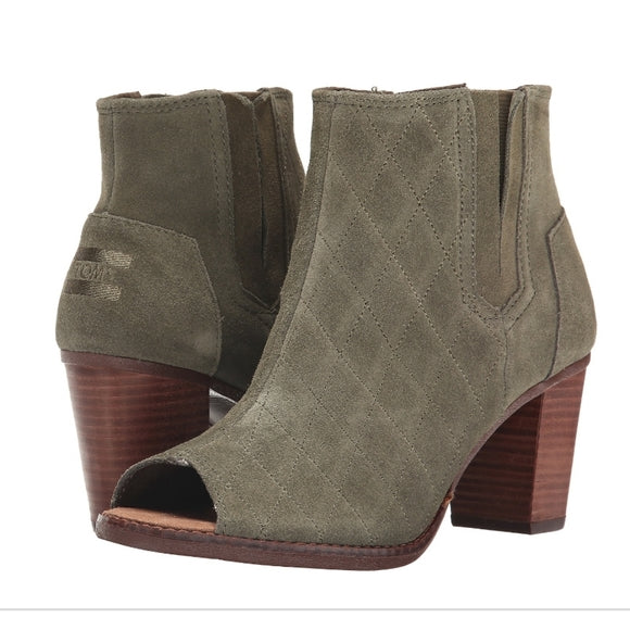 Size 11 Toms "Majorca" Quilted Olive Green Suede Peep Toe Booties
