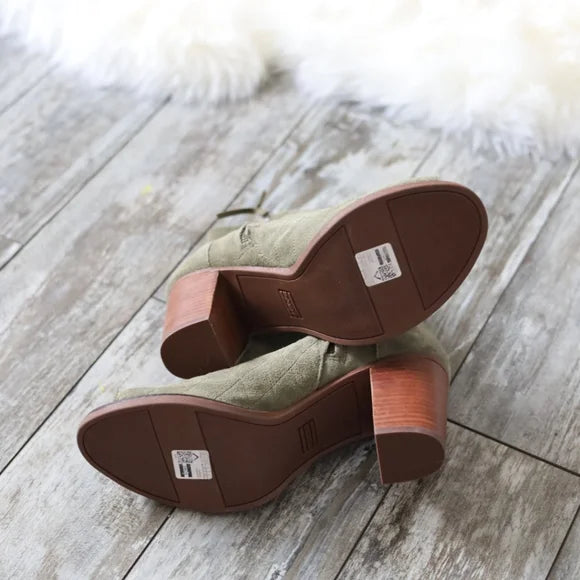 Size 11 Toms "Majorca" Quilted Olive Green Suede Peep Toe Booties