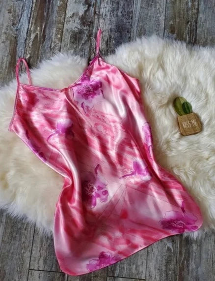 Size XL Vintage Pink Floral Satin Slip Dress