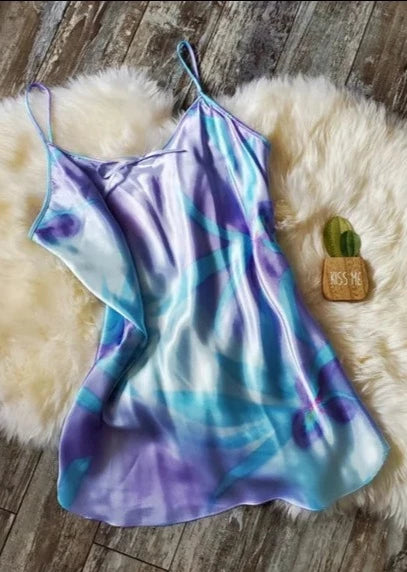 Size XL Vintage Blue Floral Satin Slip Dress